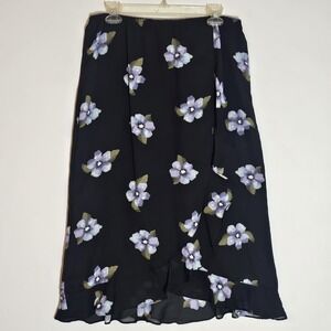 Kathy Ireland Skirt Womens Small Black Purple Floral Ruffle Midi Chiffon Wrap